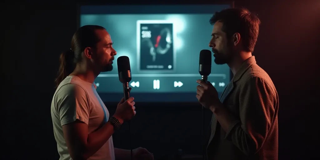 a man and a woman singing into microphones in front of a screen with a music player on it, Cristache