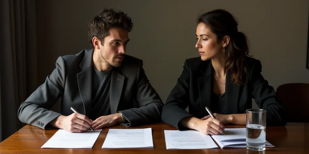 a man and a woman sitting at a table with papers and pens in front of them and a glass of water, Eva