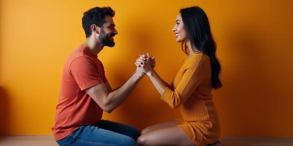 a man and a woman sitting down and smiling at each other with their hands together and their hands f