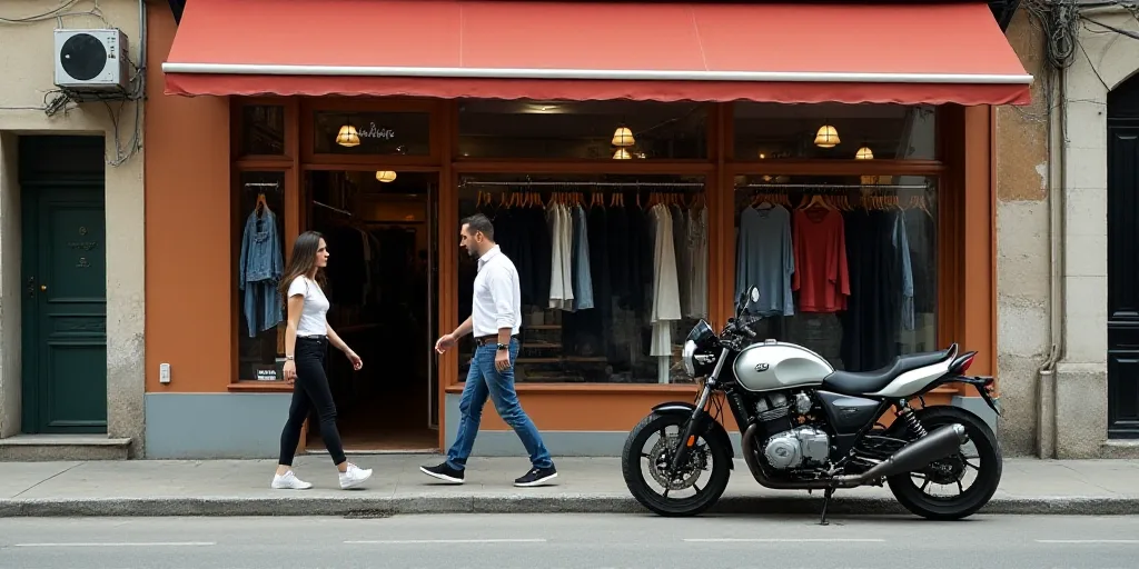 a man and a woman walking past a store with clothes on display on the outside of it and a motorcycle