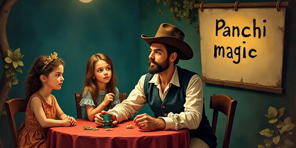a man and two girls sitting at a table in front of a sign that says panchi magic on it, Ancell Stron