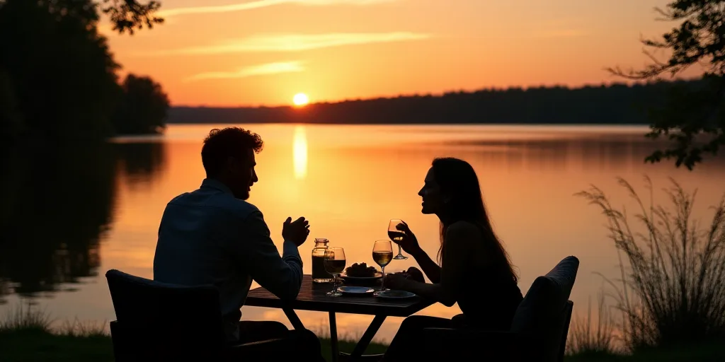 a man and woman sitting at a table with food and drinks in front of a lake at sunset or sunrise, Dav