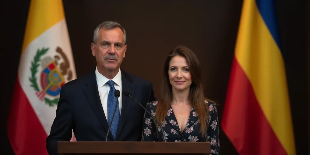 a man and woman standing at a podium in front of flags and flags behind them are two flags and a man