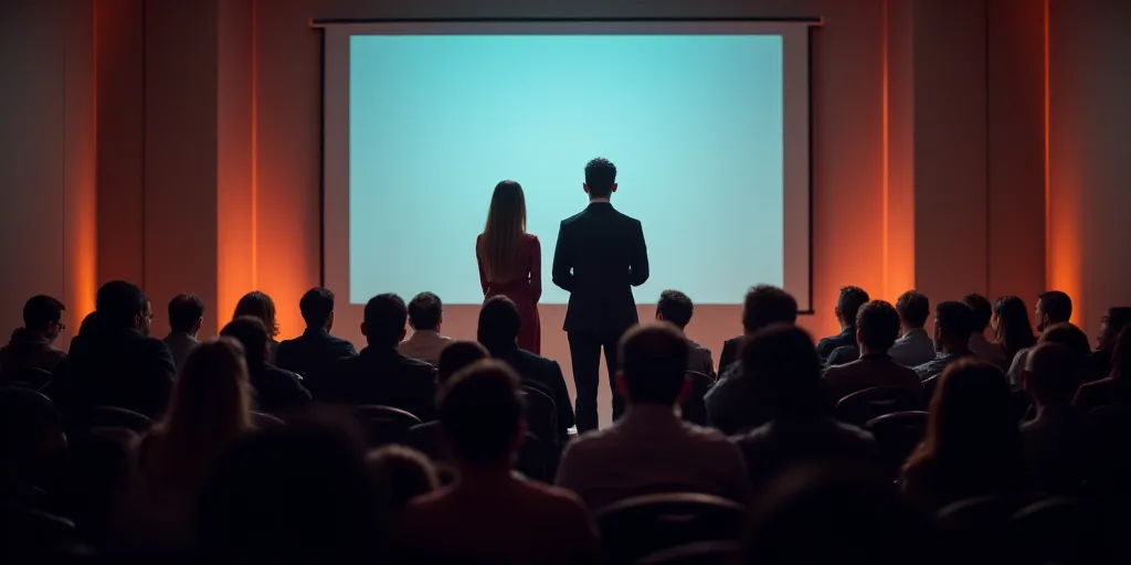a man and woman standing at a podium in front of a crowd of people in front of a screen, Carlos Fran
