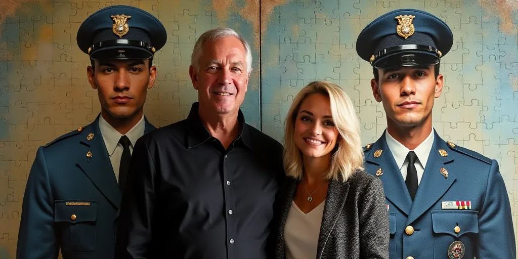 a man and woman standing in front of a picture of a man and woman in uniform and a man in a military