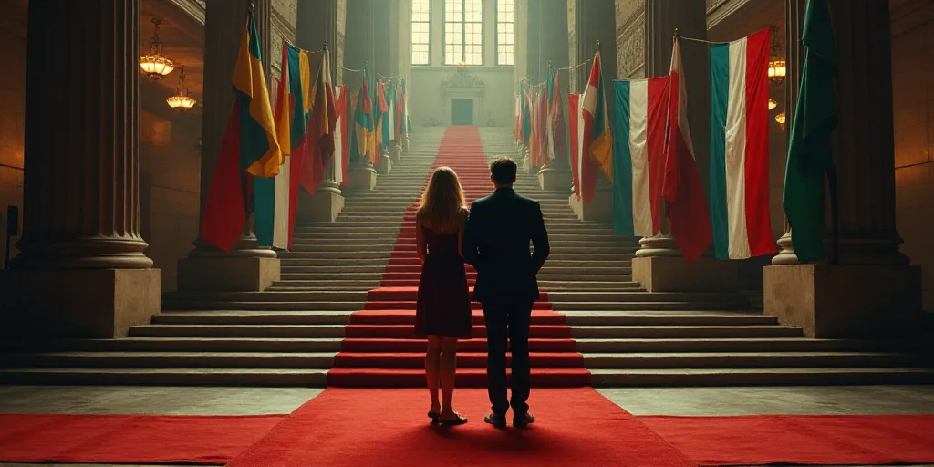 a man and woman standing in front of flags in a building with a red carpet and stairs leading to the