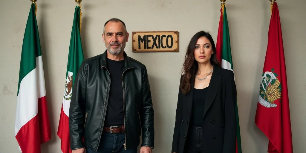 a man and woman standing next to flags in front of a wall with a sign that says mexico and a woman i