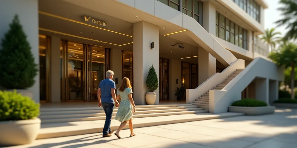 a man and woman walking down a sidewalk in front of a building with a staircase and a sign that says