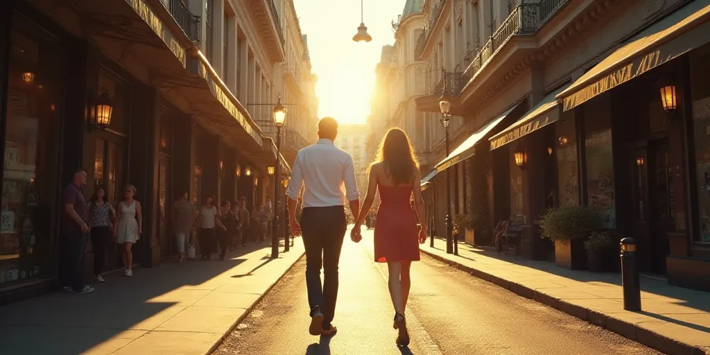 a man and woman walking down a street next to tall buildings and shops on a sunny day with the sun s