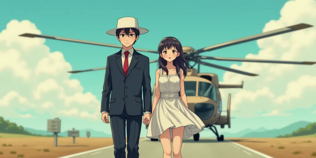 a man and woman walking towards a helicopter with a white hat on their head and a red tie on, Ai-Mit