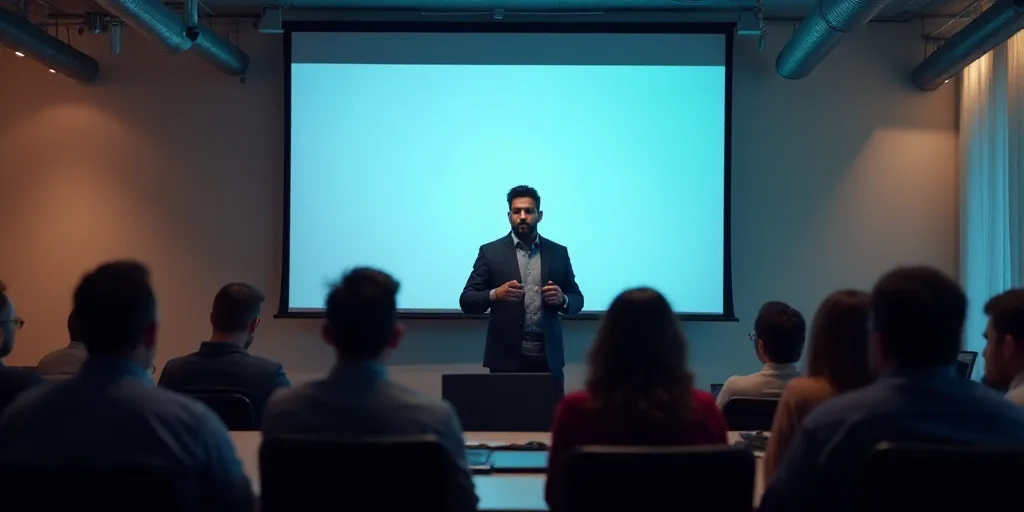 a man giving a presentation in front of a group of people in a room with a large screen on the wall,