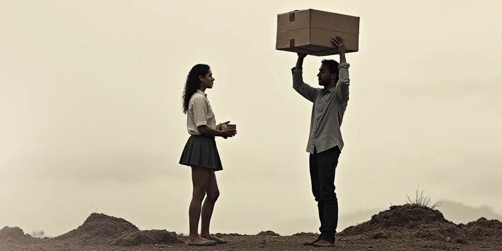 a man holding a box up in the air while standing next to a woman holding a box in her hand, Araceli