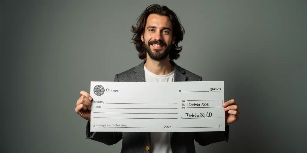 a man holding a cheque of cheque of a cheque of a person with a cheque of a person, Emma Ríos, star