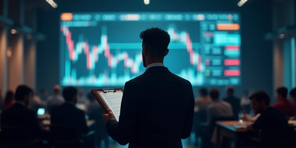 a man holding a clipboard in a room full of people and a large screen with a stock market on it, And
