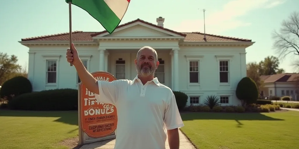 a man holding a flag in front of a white house with a donut sign in front of it, Ahmed Yacoubi, turn