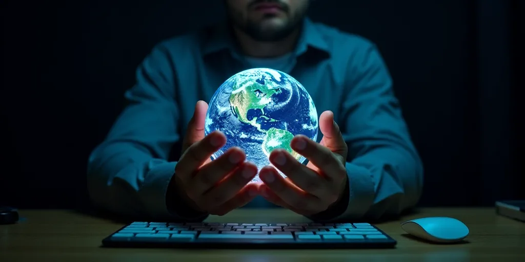 a man holding a glowing globe in his hands over a keyboard and mouse on a desk in front of a dark ba