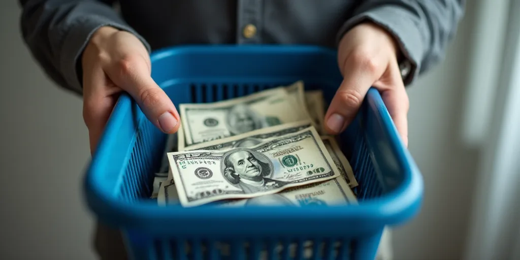 a man holding a shopping basket full of money in it's hands and a blue plastic holder in the front,