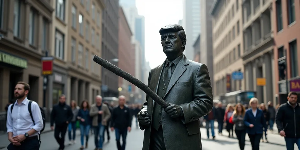 a man holding a stick in front of a statue of donald the trump on a city street with people walking