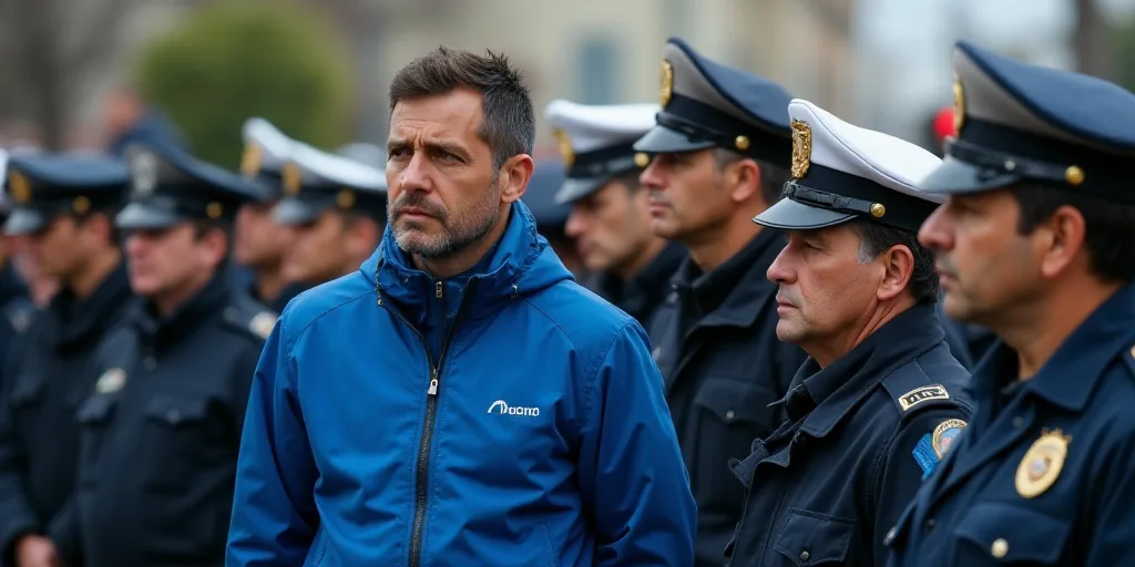 a man in a blue jacket and some other men in uniform and one man in a black jacket and a white and g