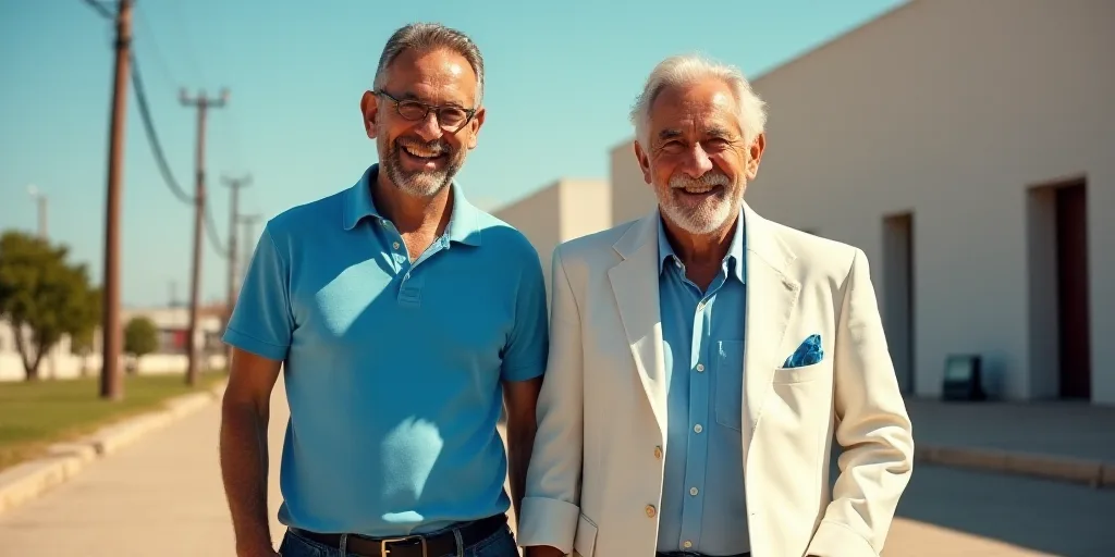 a man in a blue shirt and a man in a white jacket are walking together and smiling at the camera, Em