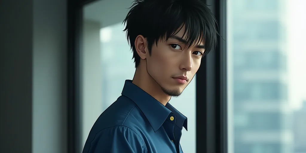 a man in a blue shirt is standing in front of a window and looking at the camera with a serious look