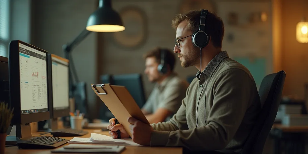 a man in a call center with a clipboard in his hand and a man in a headset on his shoulder, Andries