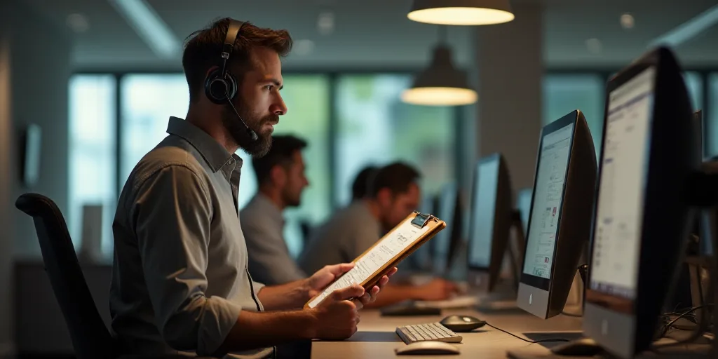 a man in a call center with a clipboard in his hand and a man in a headset on his shoulder, Andries