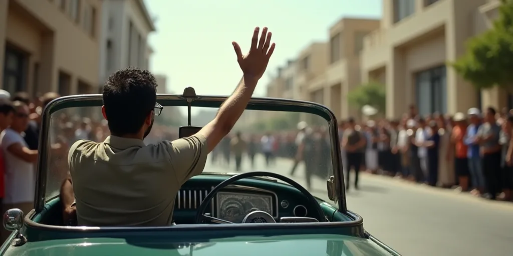 a man in a car waving to a crowd of people in a street with a building in the background, Basuki Abd