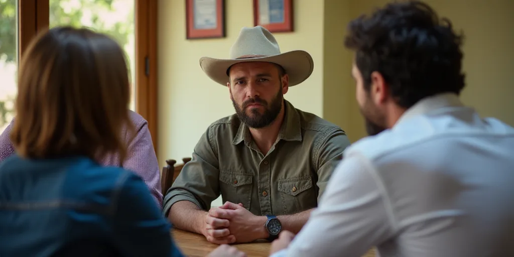 a man in a cowboy hat sitting at a table with a woman in a blue shirt and a man in a white shirt, Ce