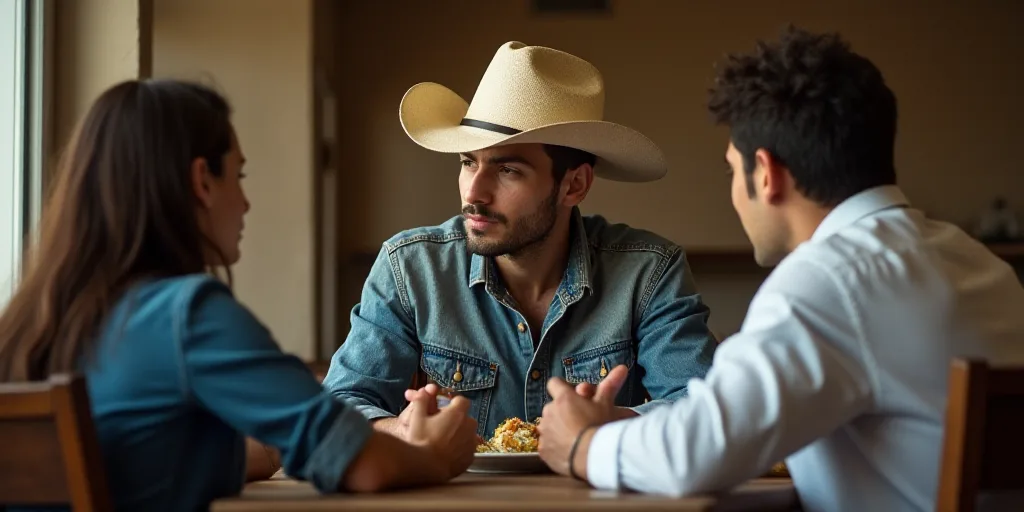 a man in a cowboy hat sitting at a table with a woman in a blue shirt and a man in a white shirt, Ce