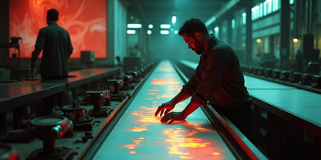 a man in a factory checking out a piece of equipment on a conveyor belt with a man in the background