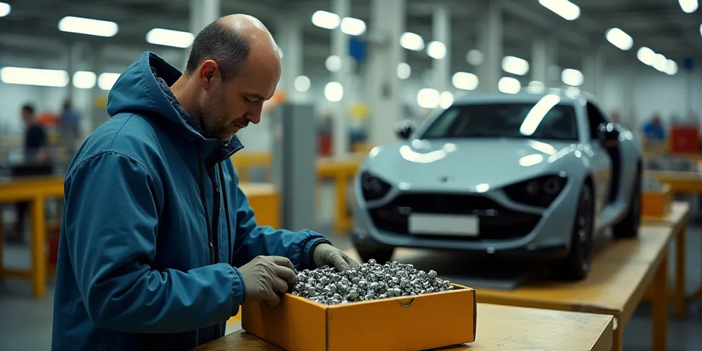 a man in a factory working on a car with a box of nuts in front of him and a car with a box of nuts
