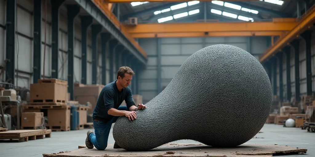a man in a factory working on a large object with a crane in the background and a large metal object