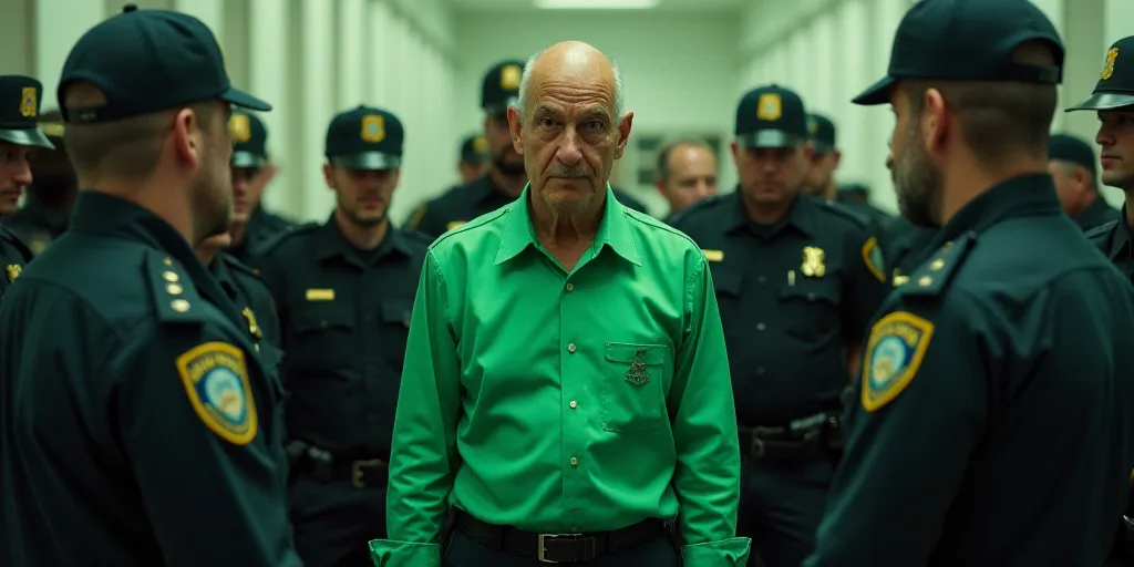 a man in a green shirt is surrounded by police officers and a man in a black shirt is looking at the