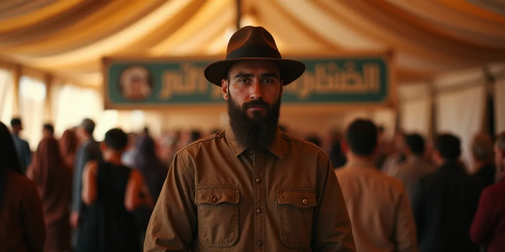 a man in a hat standing in front of a crowd of people in a tent or tent with a sign on it, Fathi Has