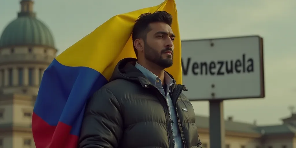 a man in a jacket with a flag behind him and a sign in the background that says venezuela on it, Ber