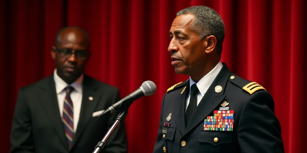 a man in a military uniform speaking into a microphone while another man in a suit stands behind him