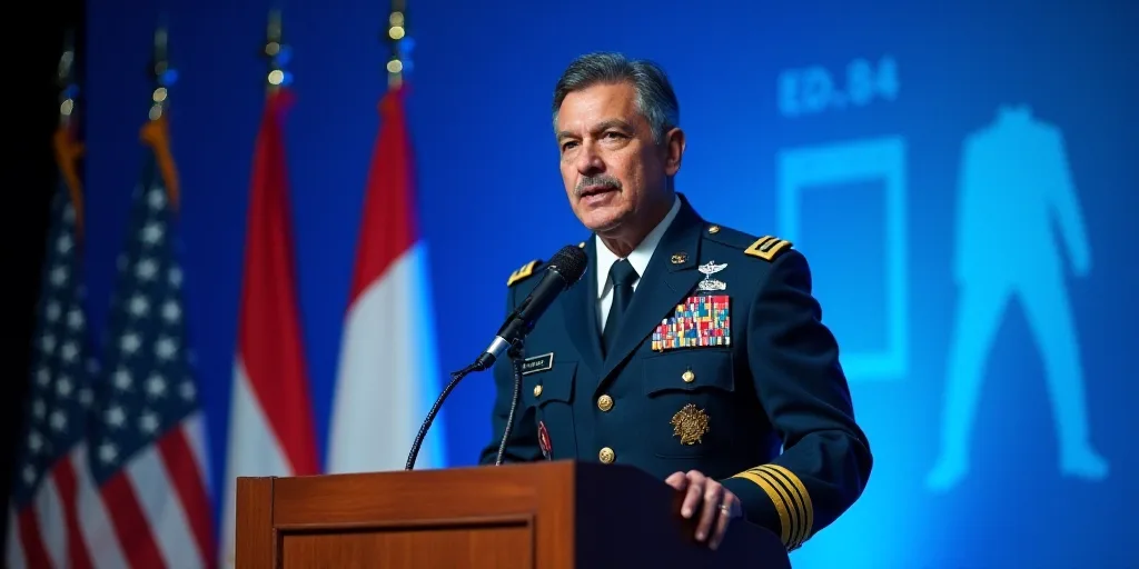 a man in a military uniform speaking into a microphone at a podium with flags in the background and
