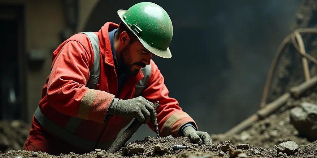 a man in a red suit and green helmet working on a piece of metal in a mine area with a large piece o