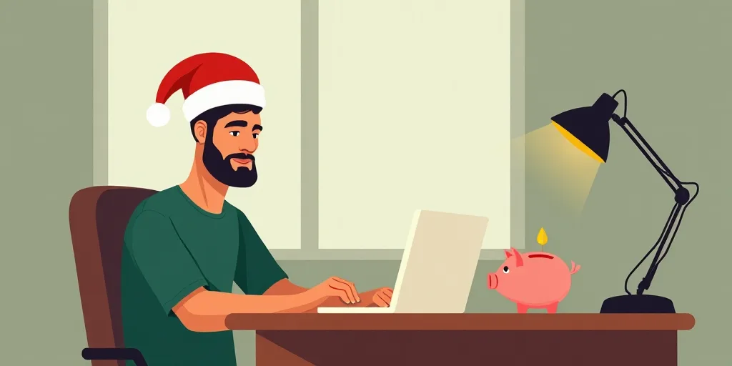 a man in a santa hat is sitting at a desk with a laptop and a piggy bank in front of him, Aquirax Un