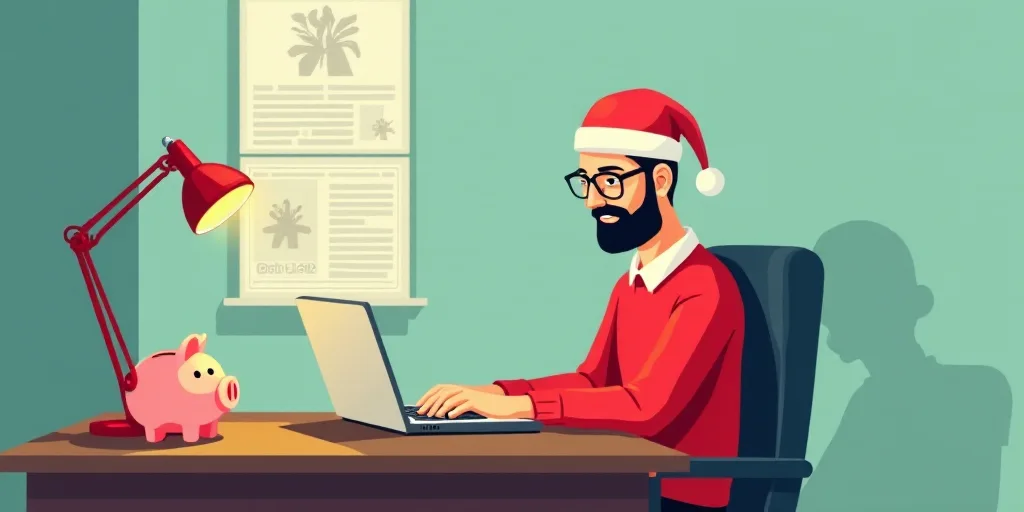a man in a santa hat is sitting at a desk with a laptop and a piggy bank in front of him, Aquirax Un