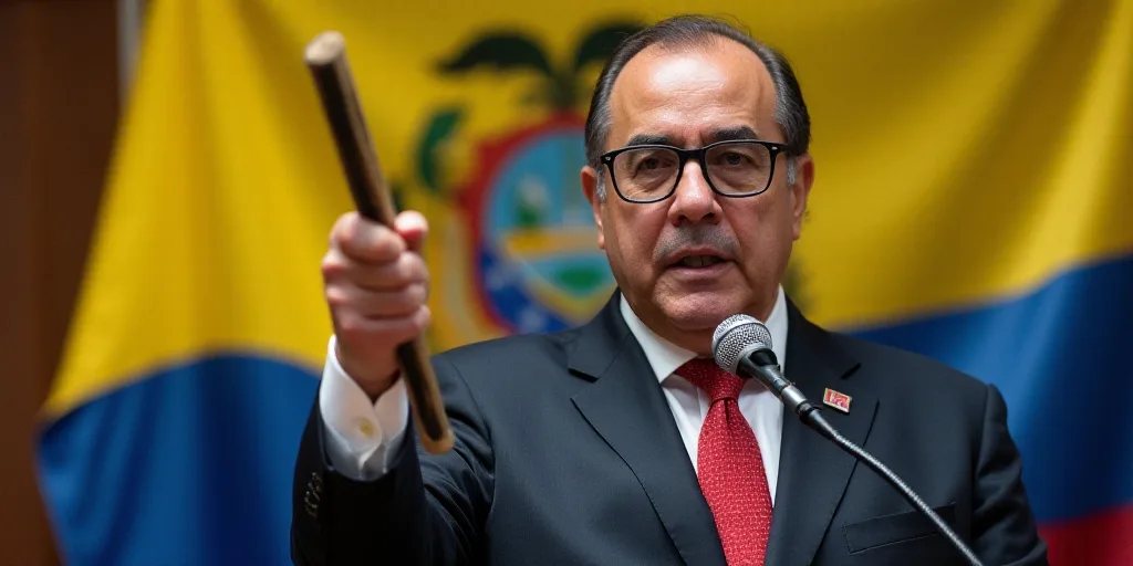 a man in a suit and glasses holds a stick in front of a microphone and a flag behind him, Federico U