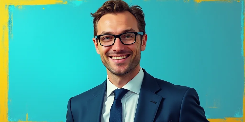 a man in a suit and glasses is smiling for the camera with a blue background and a yellow border, Ed