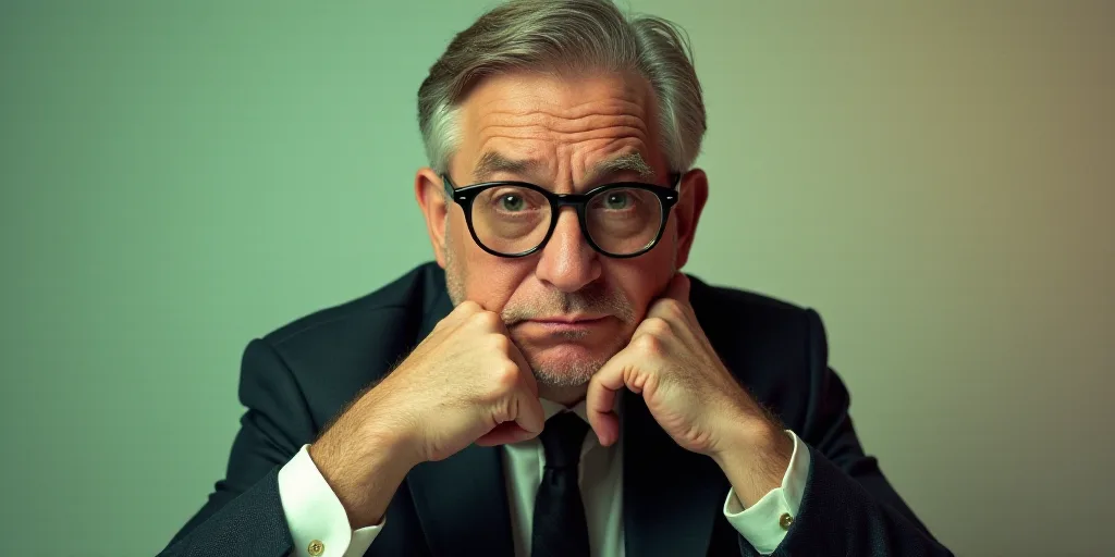 a man in a suit and glasses is posing for a picture with his hands on his chins and his chin resting
