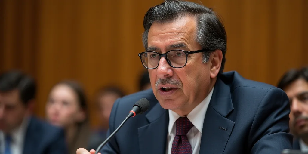 a man in a suit and glasses speaking into a microphone at a meeting with other people in the backgro