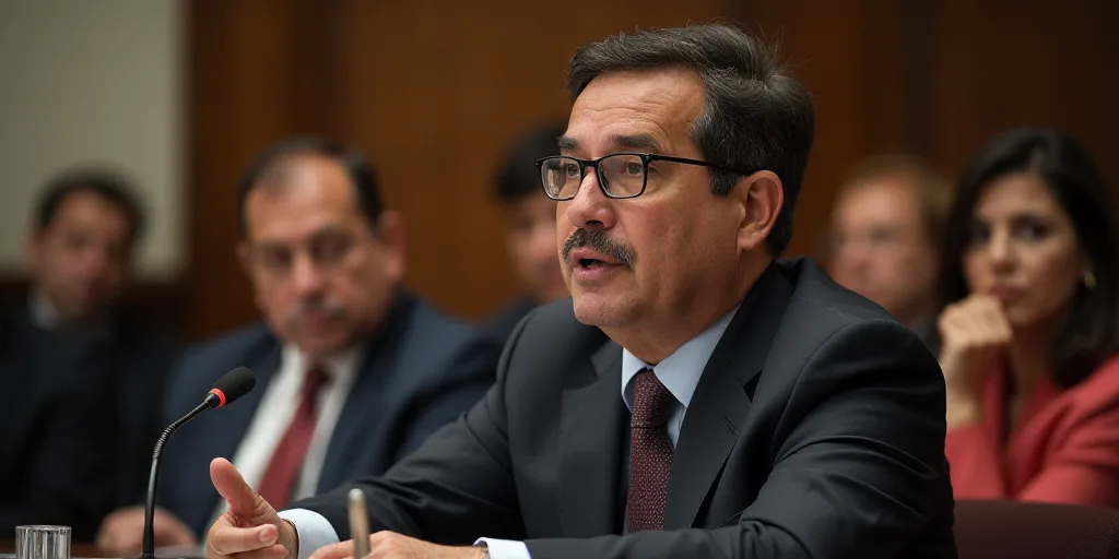 a man in a suit and glasses speaking into a microphone with other people in the background at a meet