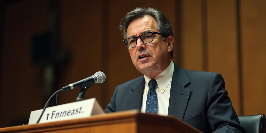 a man in a suit and glasses speaking into a microphone at a podium with a sign behind him that reads