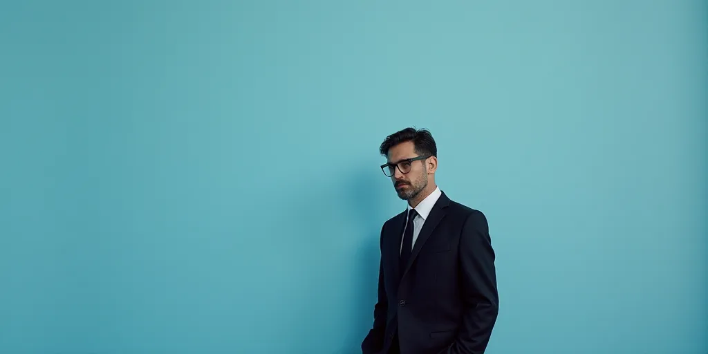 a man in a suit and glasses standing in front of a blue background with a black and white photo, Est