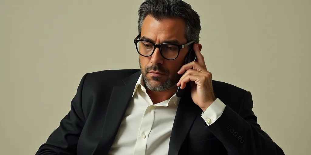 a man in a suit and glasses talking on a cell phone while wearing a white shirt and black jacket, Ca