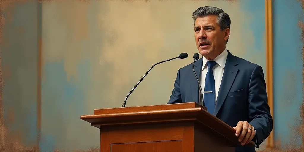 a man in a suit and tie giving a speech at a podium with a microphone in front of him, Carlos Franci